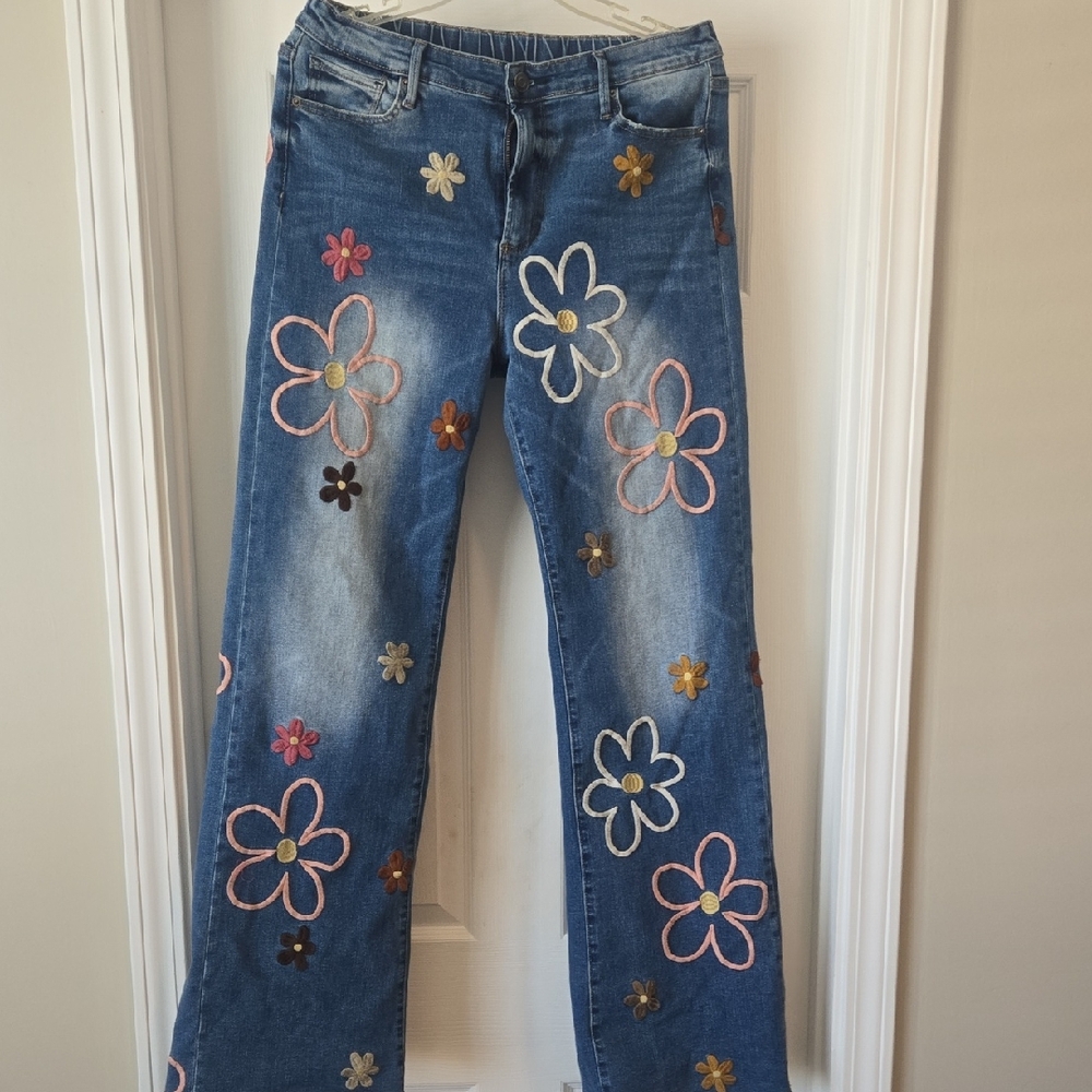 Oli & Hali Blue Denim Wide-Leg Jeans with Multicolor Floral Embroidery